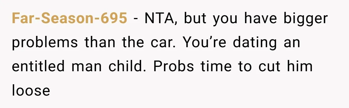 Far-Season-695 − NTA, but you have bigger problems than the car. You’re dating an entitled man child. Probs time to cut him loose