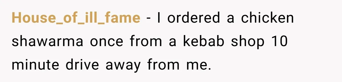 House_of_ill_fame − I ordered a chicken shawarma once from a kebab shop 10 minute drive away from me.