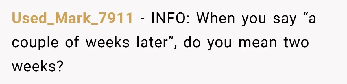 Used_Mark_7911 − INFO: When you say “a couple of weeks later”, do you mean two weeks?