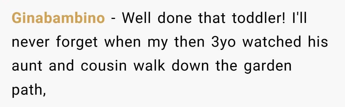Ginabambino − Well done that toddler! I'll never forget when my then 3yo watched his aunt and cousin walk down the garden path,