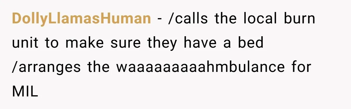 DollyLlamasHuman − /calls the local burn unit to make sure they have a bed /arranges the waaaaaaaaahmbulance for MIL