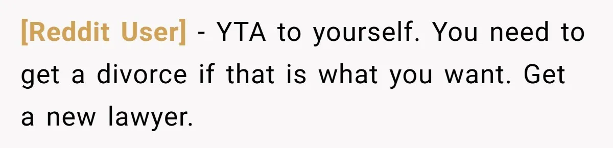 [Reddit User] − YTA to yourself. You need to get a divorce if that is what you want. Get a new lawyer.