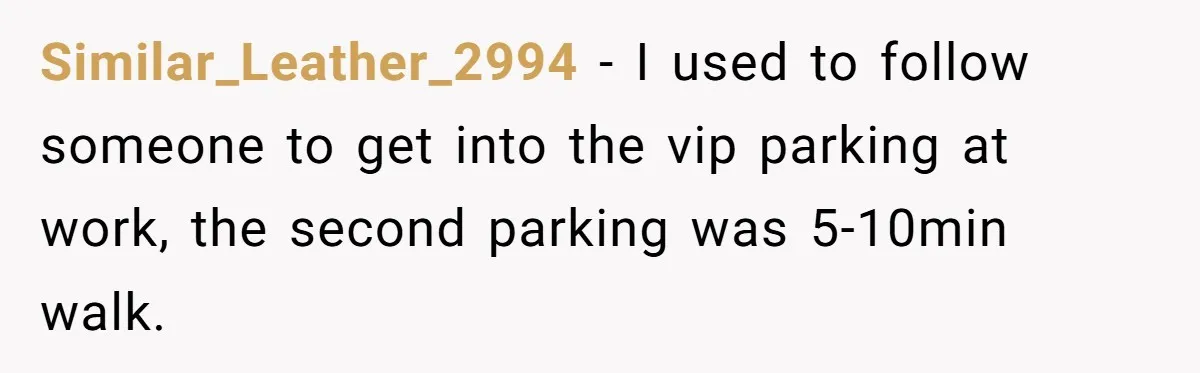 Similar_Leather_2994 − I used to follow someone to get into the vip parking at work, the second parking was 5-10min walk.
