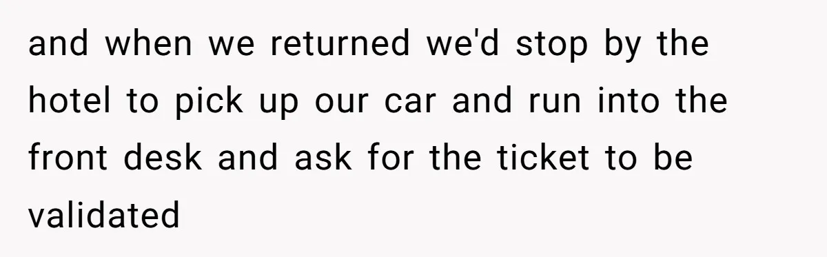 and when we returned we'd stop by the hotel to pick up our car and run into the front desk and ask for the ticket to be validated
