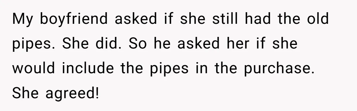 My boyfriend asked if she still had the old pipes. She did. So he asked her if she would include the pipes in the purchase. She agreed!