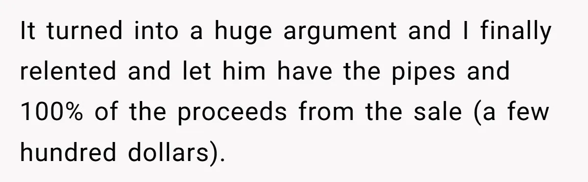It turned into a huge argument and I finally relented and let him have the pipes and 100% of the proceeds from the sale (a few hundred dollars).
