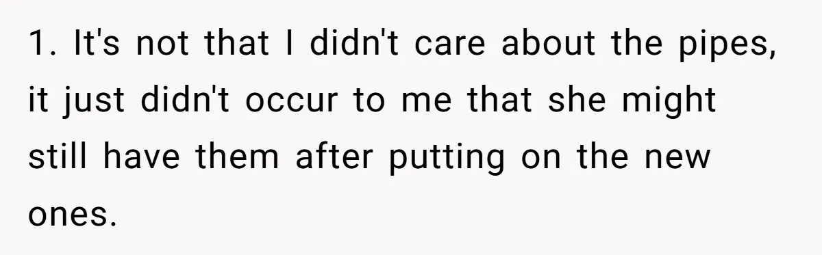 1. It's not that I didn't care about the pipes, it just didn't occur to me that she might still have them after putting on the new ones.
