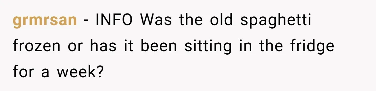 grmrsan − INFO Was the old spaghetti frozen or has it been sitting in the fridge for a week?