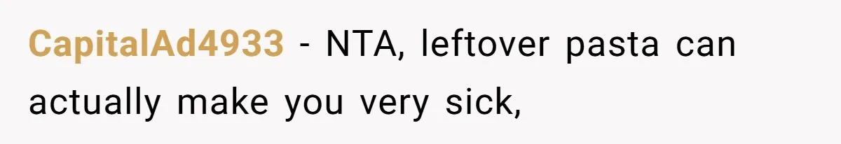 CapitalAd4933 − NTA, leftover pasta can actually make you very sick,