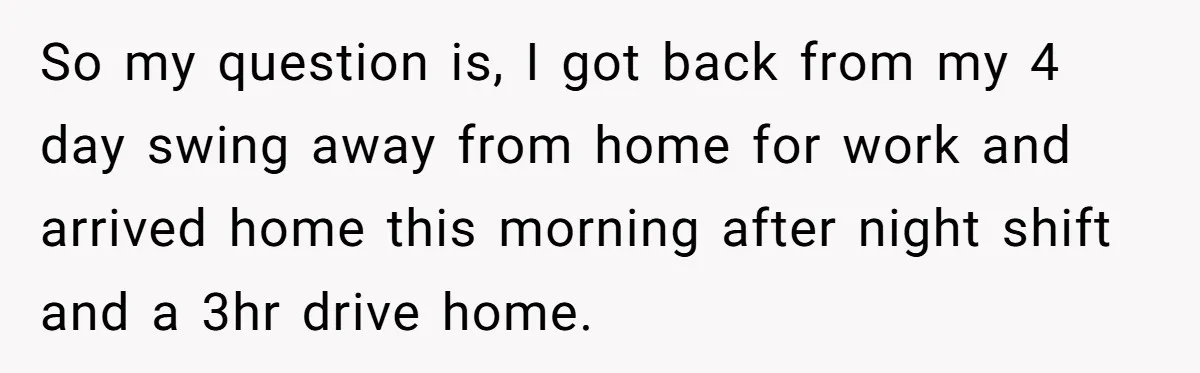 So my question is, I got back from my 4 day swing away from home for work and arrived home this morning after night shift and a 3hr drive home.