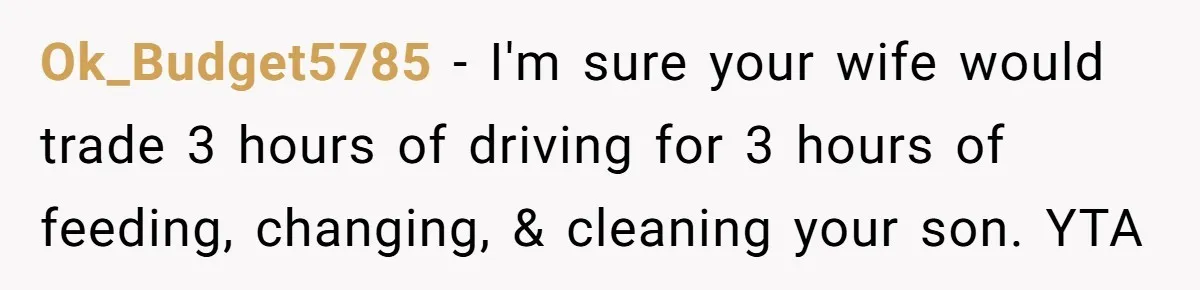 Ok_Budget5785 − I'm sure your wife would trade 3 hours of driving for 3 hours of feeding, changing, & cleaning your son. YTA