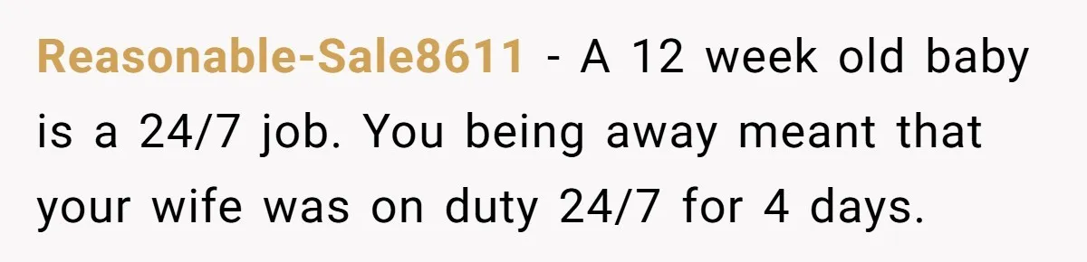 Reasonable-Sale8611 − A 12 week old baby is a 24/7 job. You being away meant that your wife was on duty 24/7 for 4 days.