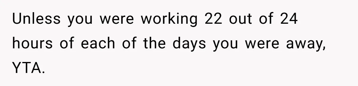 Unless you were working 22 out of 24 hours of each of the days you were away, YTA.