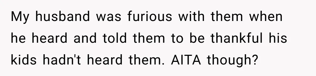 My husband was furious with them when he heard and told them to be thankful his kids hadn't heard them. AITA though?