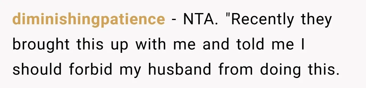 diminishingpatience − NTA. "Recently they brought this up with me and told me I should forbid my husband from doing this.