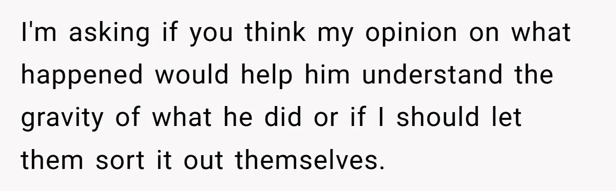 I'm asking if you think my opinion on what happened would help him understand the gravity of what he did or if I should let them sort it out themselves.