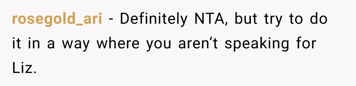rosegold_ari − Definitely NTA, but try to do it in a way where you aren’t speaking for Liz.