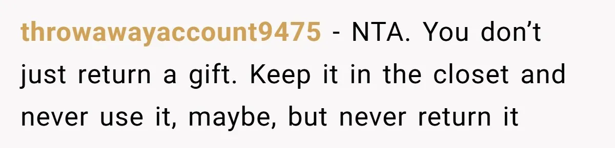 throwawayaccount9475 − NTA. You don’t just return a gift. Keep it in the closet and never use it, maybe, but never return it