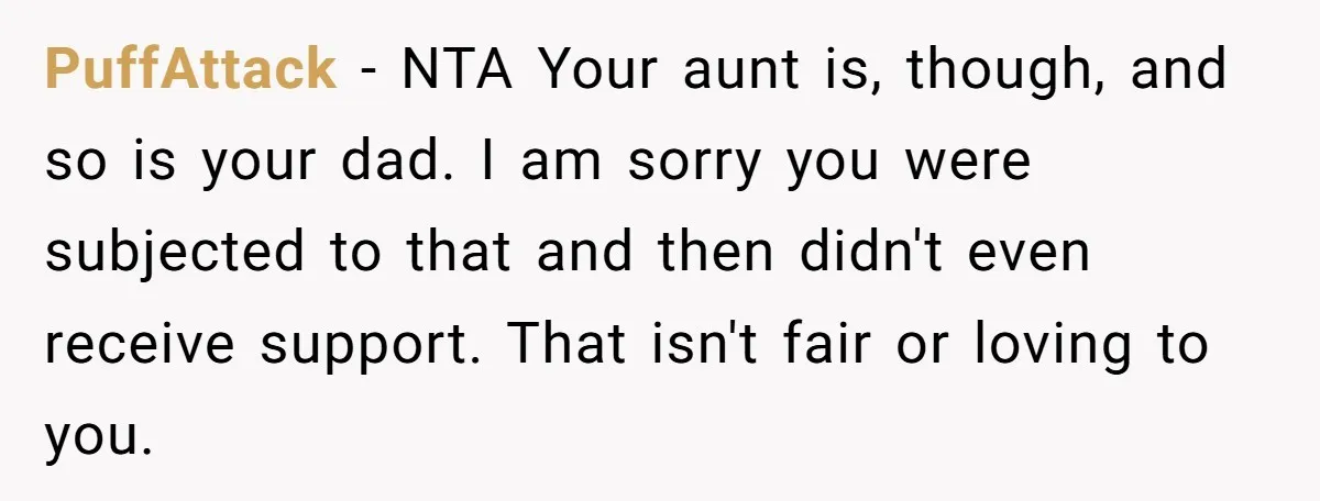 PuffAttack − NTA Your aunt is, though, and so is your dad. I am sorry you were subjected to that and then didn't even receive support. That isn't fair or...