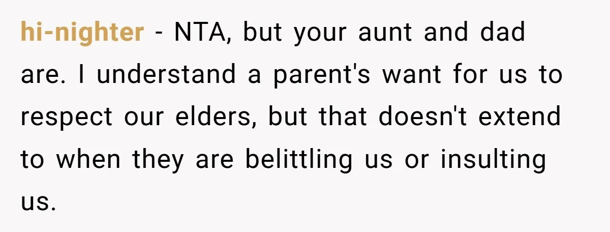 hi-nighter − NTA, but your aunt and dad are. I understand a parent's want for us to respect our elders, but that doesn't extend to when they are belittling us...