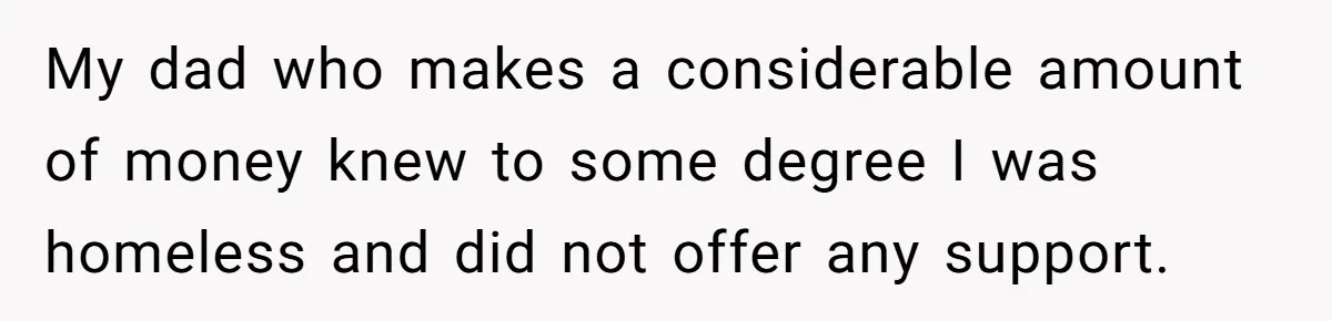 My dad who makes a considerable amount of money knew to some degree I was homeless and did not offer any support.