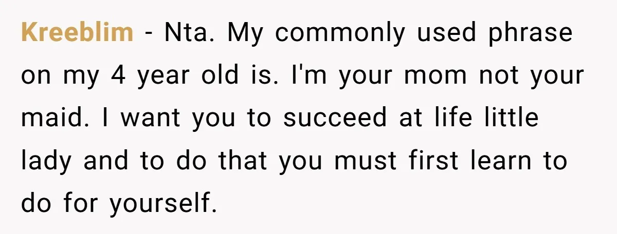 Kreeblim − Nta. My commonly used phrase on my 4 year old is. I'm your mom not your maid. I want you to succeed at life little lady and to...