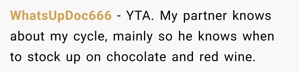 WhatsUpDoc666 − YTA. My partner knows about my cycle, mainly so he knows when to stock up on chocolate and red wine.