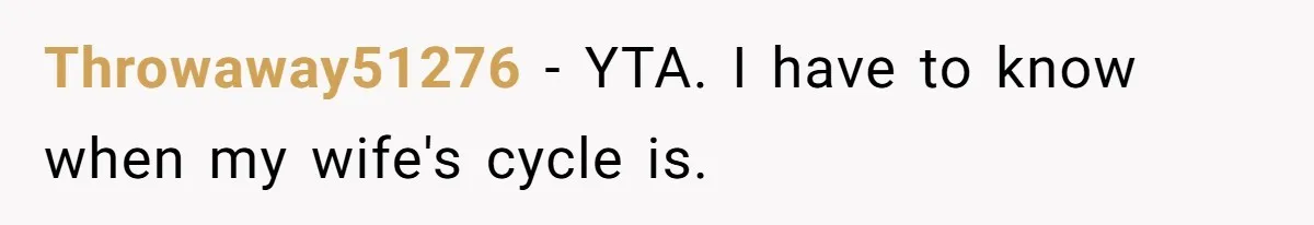 Throwaway51276 − YTA. I have to know when my wife's cycle is.