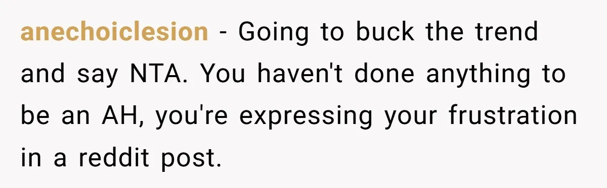 anechoiclesion − Going to buck the trend and say NTA. You haven't done anything to be an AH, you're expressing your frustration in a reddit post.