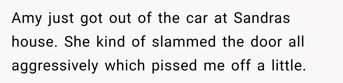 Amy just got out of the car at Sandras house. She kind of slammed the door all aggressively which pissed me off a little.