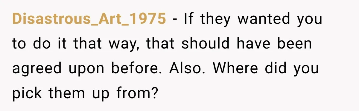 Disastrous_Art_1975 − If they wanted you to do it that way, that should have been agreed upon before. Also. Where did you pick them up from?