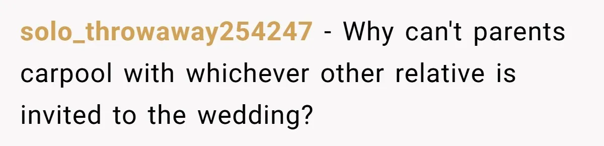 solo_throwaway254247 − Why can't parents carpool with whichever other relative is invited to the wedding?