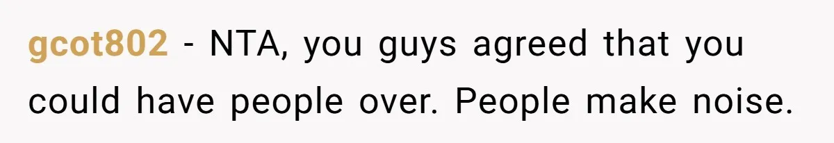 gcot802 − NTA, you guys agreed that you could have people over. People make noise.