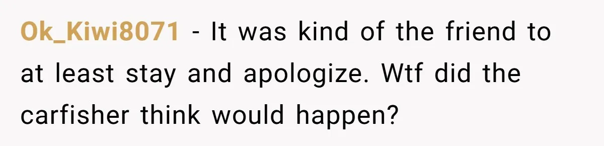 Ok_Kiwi8071 − It was kind of the friend to at least stay and apologize. Wtf did the carfisher think would happen?