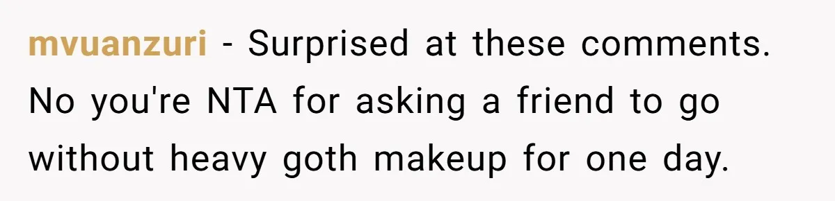 mvuanzuri − Surprised at these comments. No you're NTA for asking a friend to go without heavy goth makeup for one day.