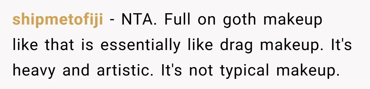 shipmetofiji − NTA. Full on goth makeup like that is essentially like drag makeup. It's heavy and artistic. It's not typical makeup.