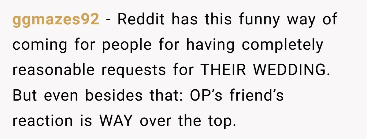 ggmazes92 − Reddit has this funny way of coming for people for having completely reasonable requests for THEIR WEDDING. But even besides that: OP’s friend’s reaction is WAY over the...