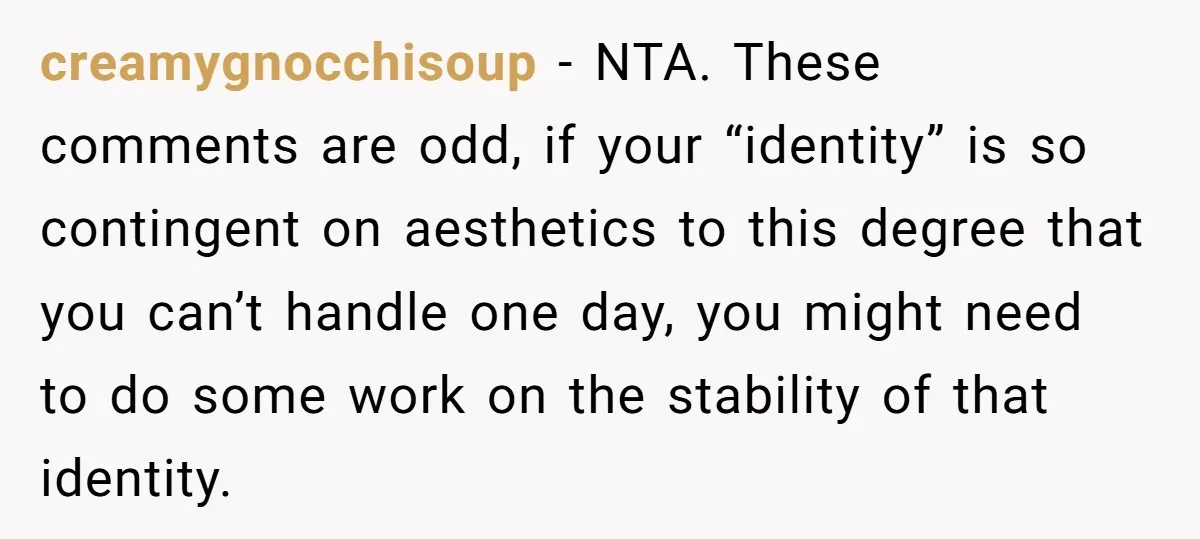 creamygnocchisoup − NTA. These comments are odd, if your “identity” is so contingent on aesthetics to this degree that you can’t handle one day, you might need to do some...
