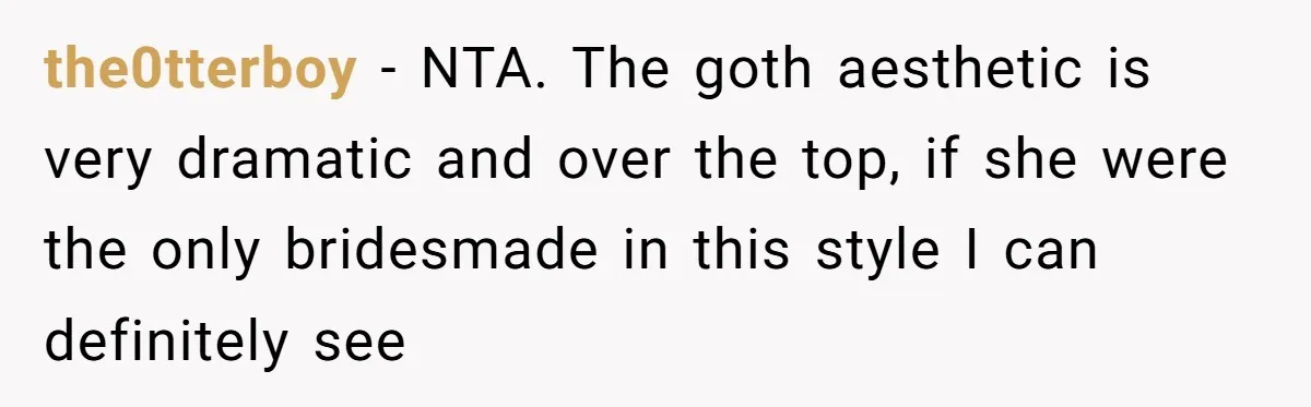 the0tterboy − NTA. The goth aesthetic is very dramatic and over the top, if she were the only bridesmade in this style I can definitely see