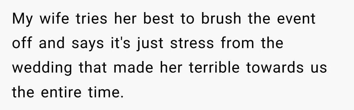 My wife tries her best to brush the event off and says it's just stress from the wedding that made her terrible towards us the entire time.