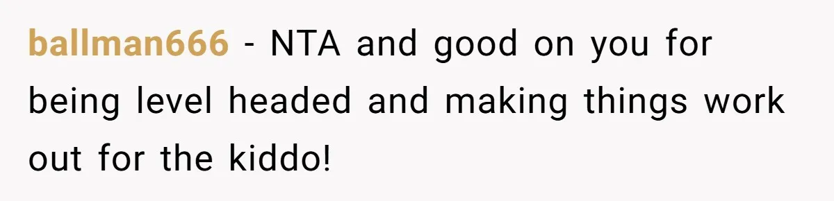 ballman666 − NTA and good on you for being level headed and making things work out for the kiddo!