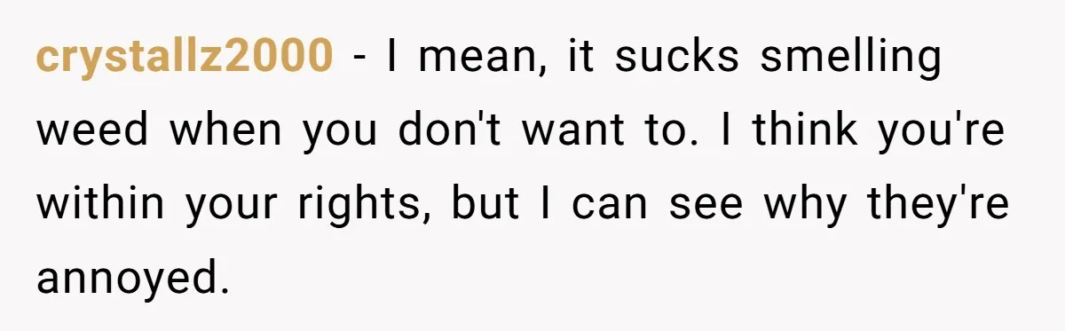 crystallz2000 − I mean, it sucks smelling weed when you don't want to. I think you're within your rights, but I can see why they're annoyed.