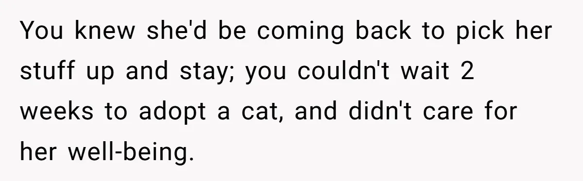 Woman Gets A Cat After Her Roommate Moves Out, But Her Friend Thinks She’s Being Inconsiderate, Who’s Right? You knew she'd be coming back to pick her stuff up and stay; you couldn't wait 2 weeks to adopt a cat, and didn't care for her well-being.