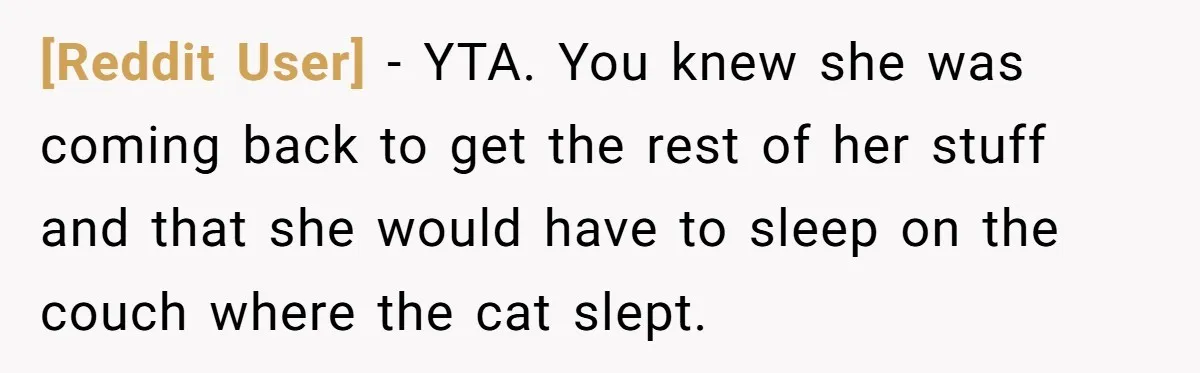 [Reddit User] − YTA. You knew she was coming back to get the rest of her stuff and that she would have to sleep on the couch where the cat...