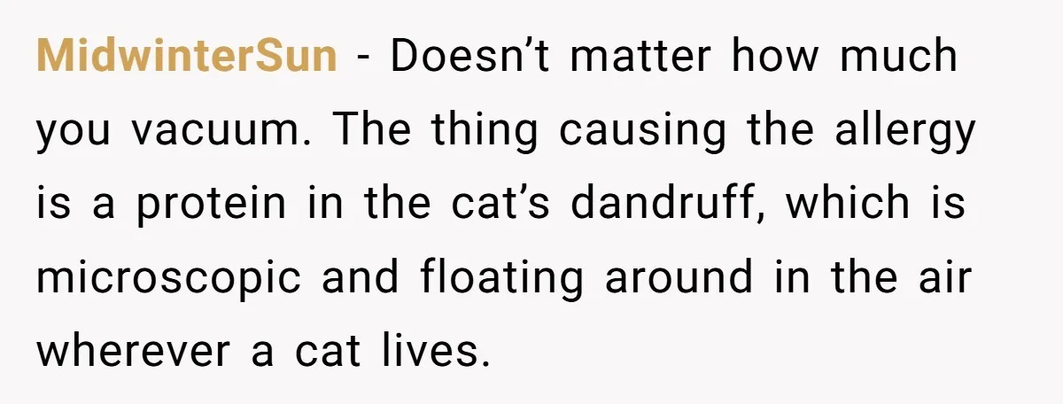 Woman Gets A Cat After Her Roommate Moves Out, But Her Friend Thinks She’s Being Inconsiderate, Who’s Right? MidwinterSun − Doesn’t matter how much you vacuum. The thing causing the allergy is a protein in the cat’s dandruff, which is microscopic and floating around in the air wherever...