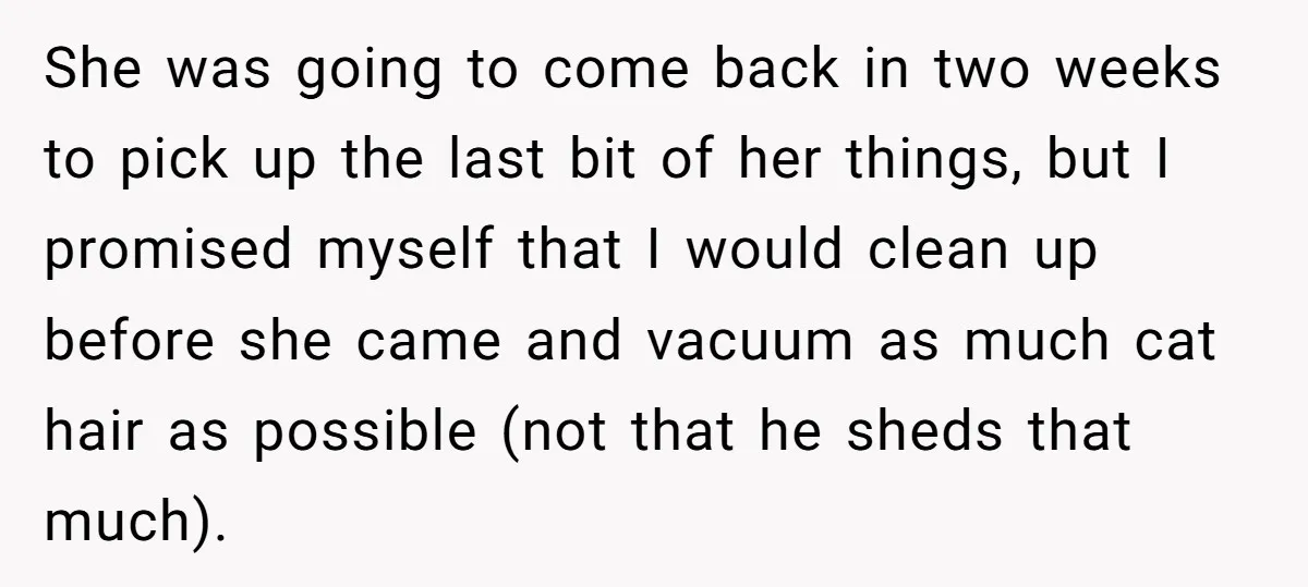 Woman Gets A Cat After Her Roommate Moves Out, But Her Friend Thinks She’s Being Inconsiderate, Who’s Right? She was going to come back in two weeks to pick up the last bit of her things, but I promised myself that I would clean up before she came...