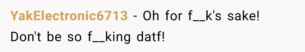 YakElectronic6713 − Oh for f__k's sake! Don't be so f__king datf!