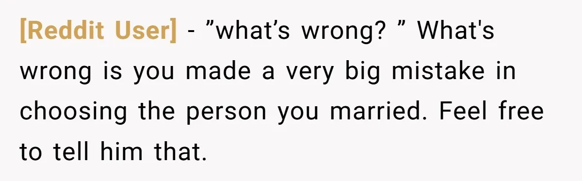 [Reddit User] − ”what’s wrong? ” What's wrong is you made a very big mistake in choosing the person you married. Feel free to tell him that.