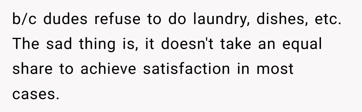 b/c dudes refuse to do laundry, dishes, etc. The sad thing is, it doesn't take an equal share to achieve satisfaction in most cases.