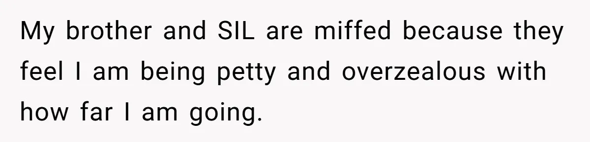 My brother and SIL are miffed because they feel I am being petty and overzealous with how far I am going.